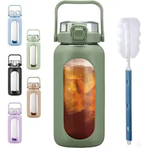 64oz Glass Water Bottles with Straw Time Marker Half Gallon Large Motivational Water Bottle with Silicone Sleeve 2 Liter Large Glass Water Jug  Gym, Sports& Workout, Daily, 02 Olive