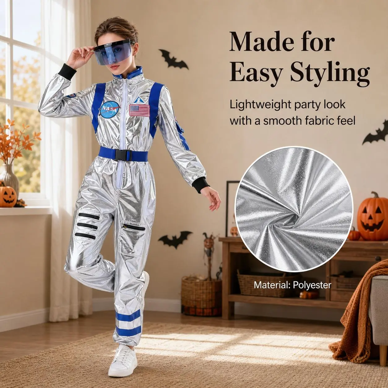 Women's Metallic Look Polyester Space-Theme Jumpsuit, Unisex Long Length Long-Sleeve Full-Body Astronaut Suit, Adult Halloween Cosplay Carnival Fancy Dress Costume Set