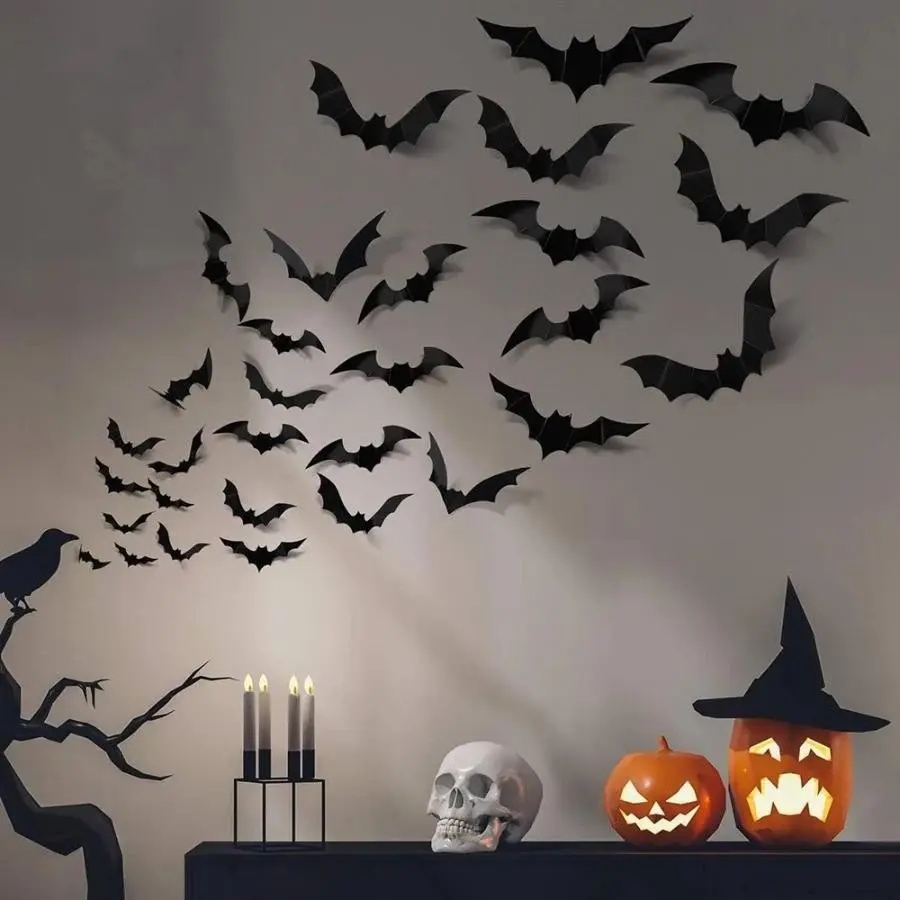 120pcs 4 Sizes Horror Bat 3D Decorative Wall Stickers, Indoor Outdoor Home Decor Unique Wall Decor Halloween Party Decor, Durable Reusable Party Supplies, Crazy Halloween Decoration