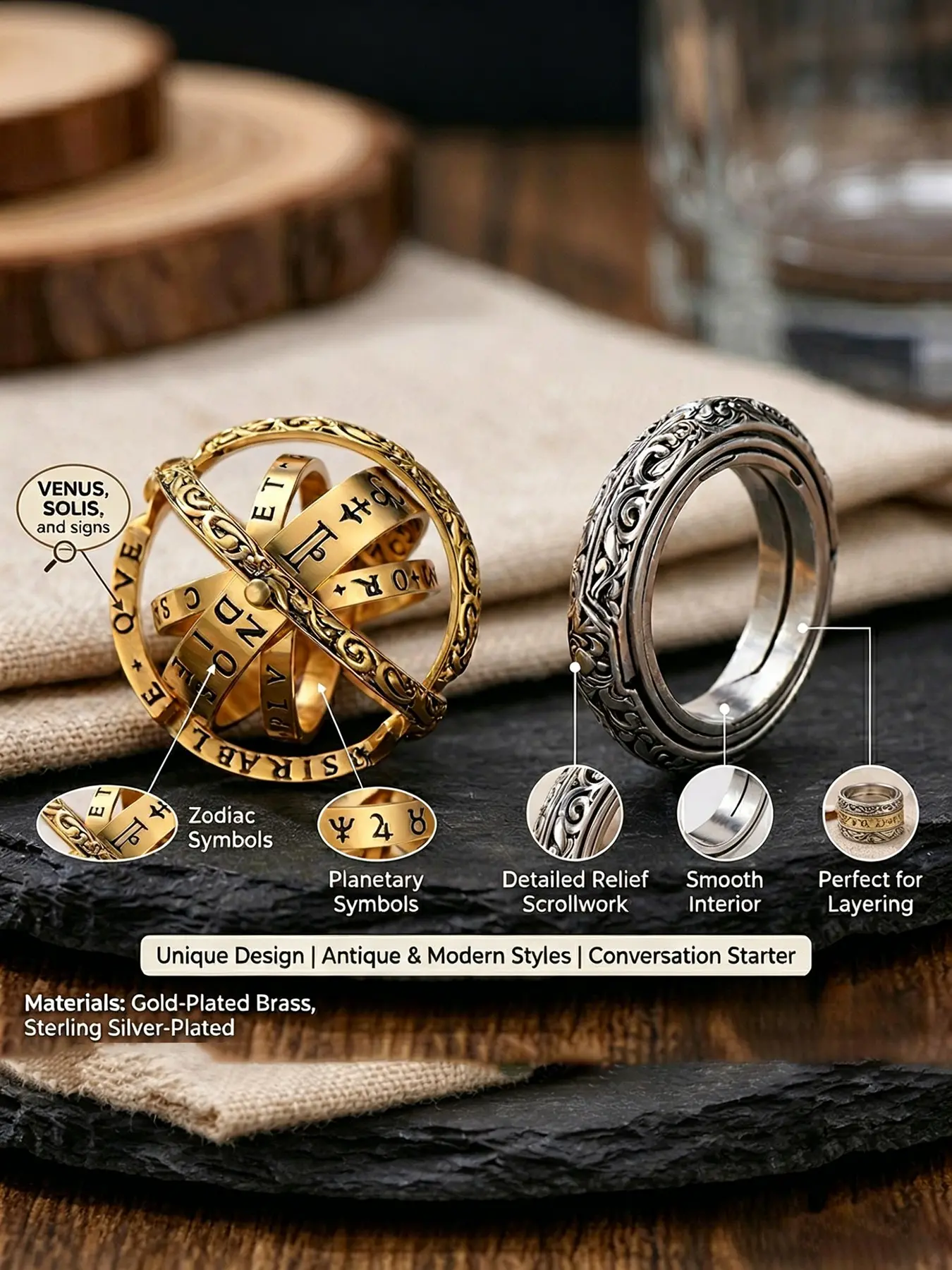 Astronomical Sphere Ring – Rotatable & Foldable Fidget Ring for Anxiety Relief, Stress Relief Rings – Spinning Celestial/Star-Chart Design – A Meaningful Gift for Him or Her – Fidget Spinner Rings