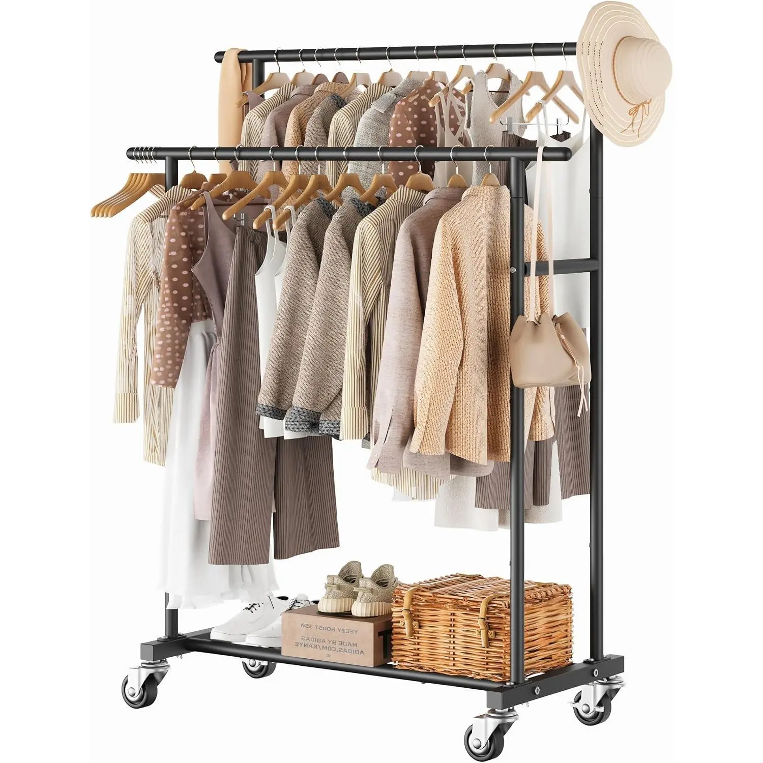 Metal Double-Rod Rolling Clothes Rack with Wheels & Hangers - Easy Installation Portable Organizer for Bedroom, Clothing Store (Black), Shoe