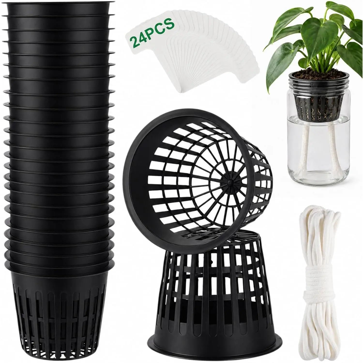 Net Cups Hydroponics 24 Pack 3 Inch Mesh Net Pots with 20 Ft Wick Cord & 24  Labels, Slotted Cups for  Root Growth, Indoor Hydroponic Growing & Aquaponics Systems