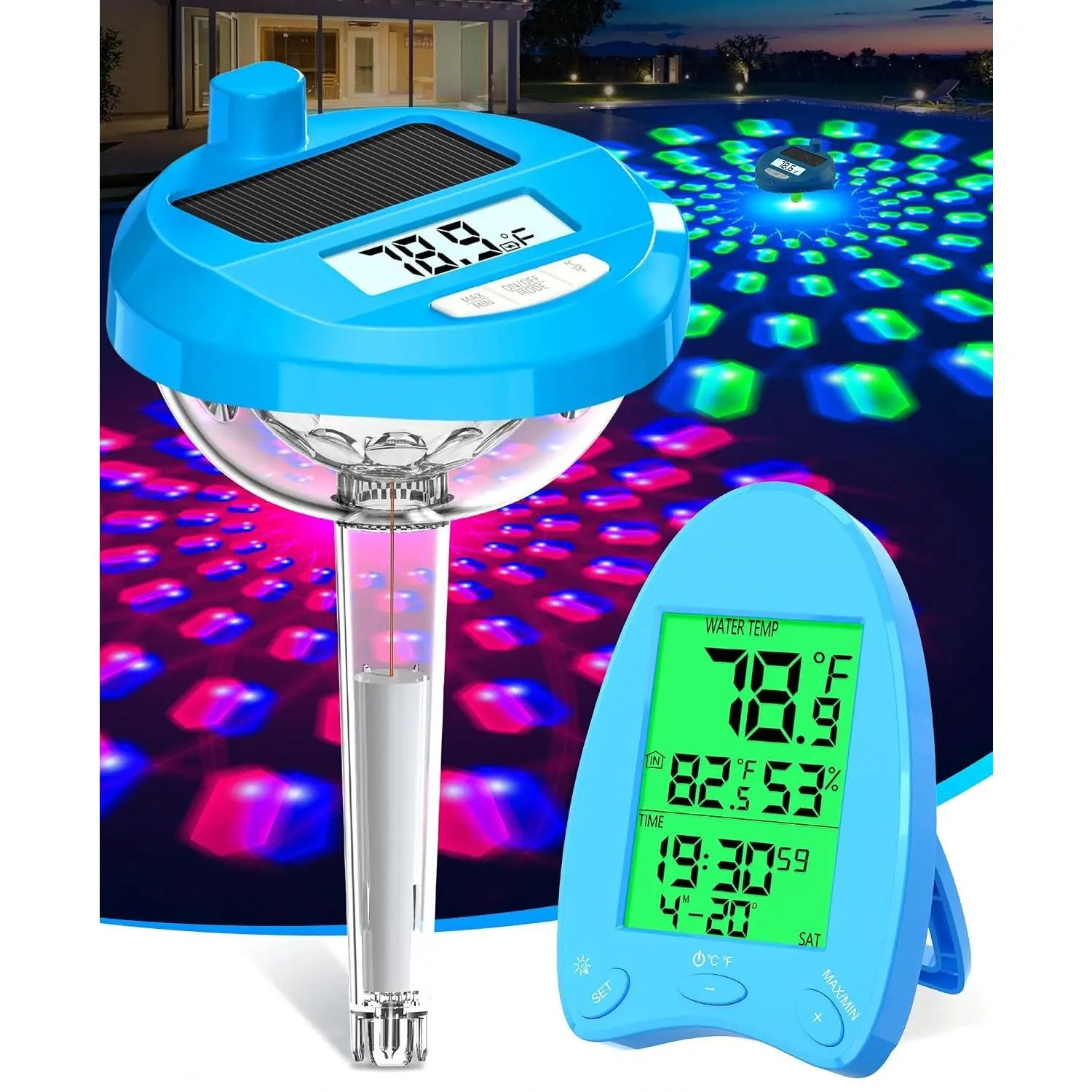 2026 Solar Powered Wireless Pool Thermometer Floating Easy Read | Dynamic LED Light Show, Dual Backlit Display, 650FT Transmission | IP68 Waterproof Pool Temperature Thermometer for Hot Tub