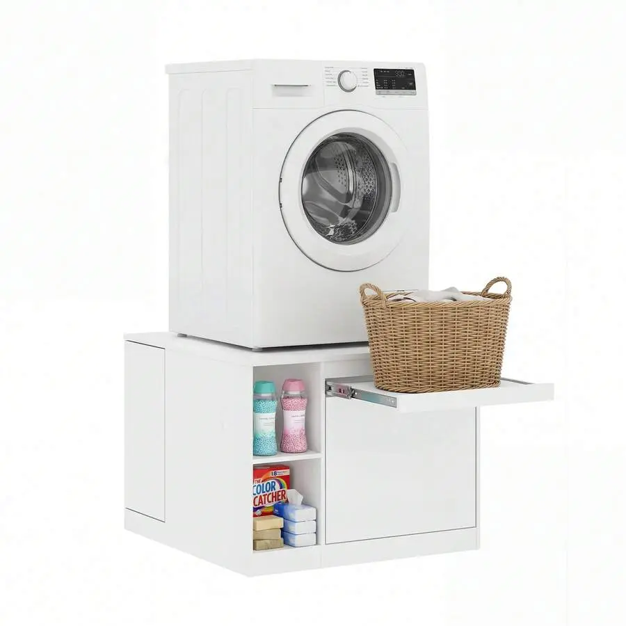 29" Washer And Dryer Pedestal, Heavy Duty Wooden Washing Machine Stand With Laundry Tray, Large Drawer, Open Storage Shelf & Cabinet, Universal Fit Anti-Vibration Laundry Pedestals
