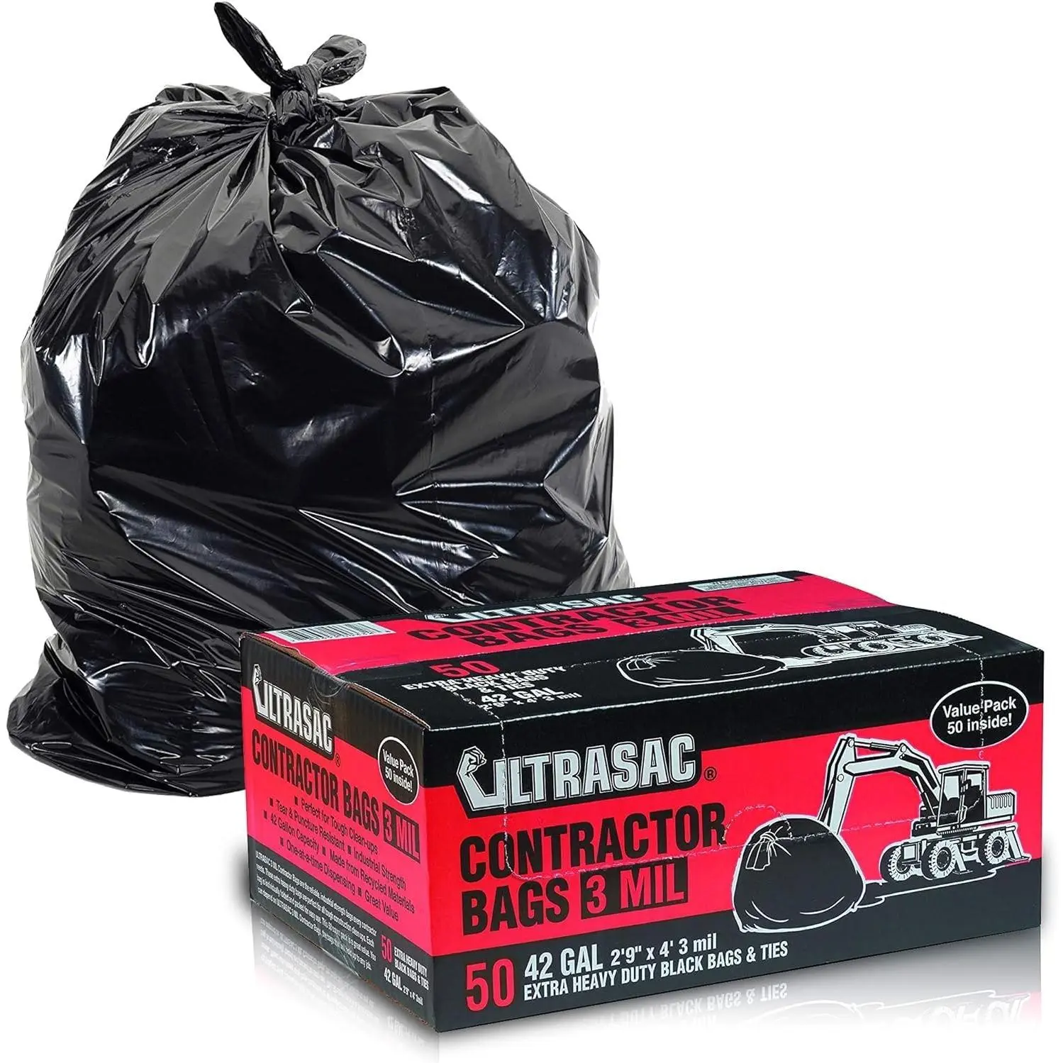 Heavy Duty Contractor Construction Trash Bags, 50-Pack with Ties, 42 Gal, 32.75" x 47", 3 MIL Thick Large Black Industrial Garbage Bags for Construction, Commercial Use