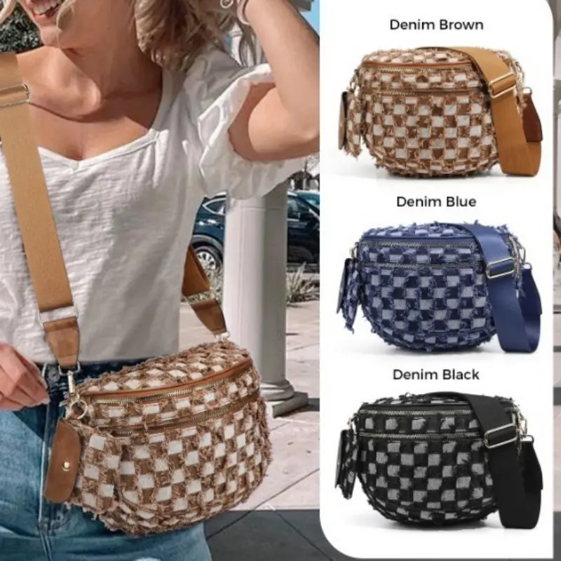 Saddle Crossbody Bag for Women in Vintage Wash Heavyweight Denim, Casual Shoulder Tote with Reinforced Base & Detachable Pouch, Fits 13" Laptop