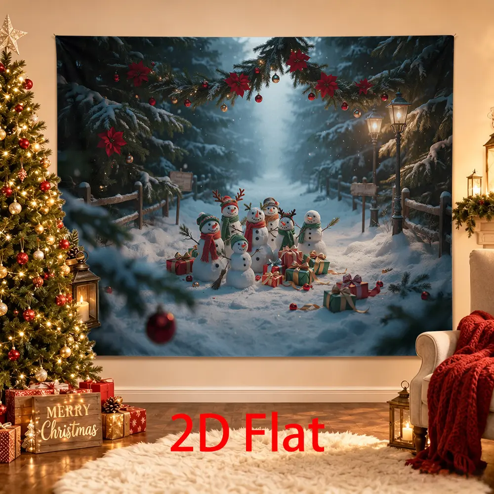 Snowy Forest Snowman Backdrop with Christmas Garland, Gifts, Poinsettias and Winter Ligh