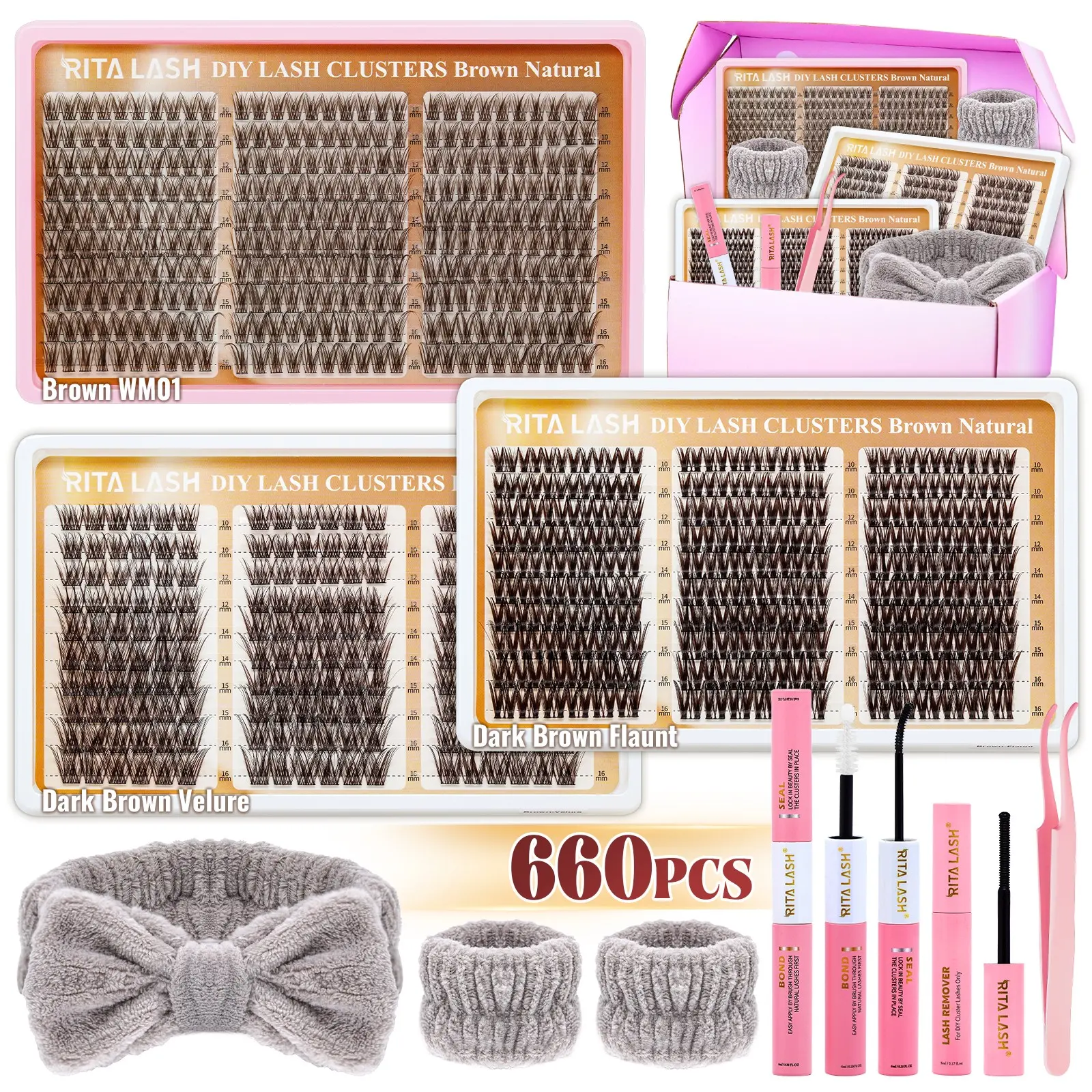 RITALASH 660pcs Dark Brown Lashes D Curl Cluster Lash Kit DIY Individual Eyelashes Large Capacity Mixed Lengths Soft And Comfortable False Eyelashes Kit DIY at Home with Bond and Seal Tweezer and Remover Eyelash Set (WM01-Velure-Flaunt)