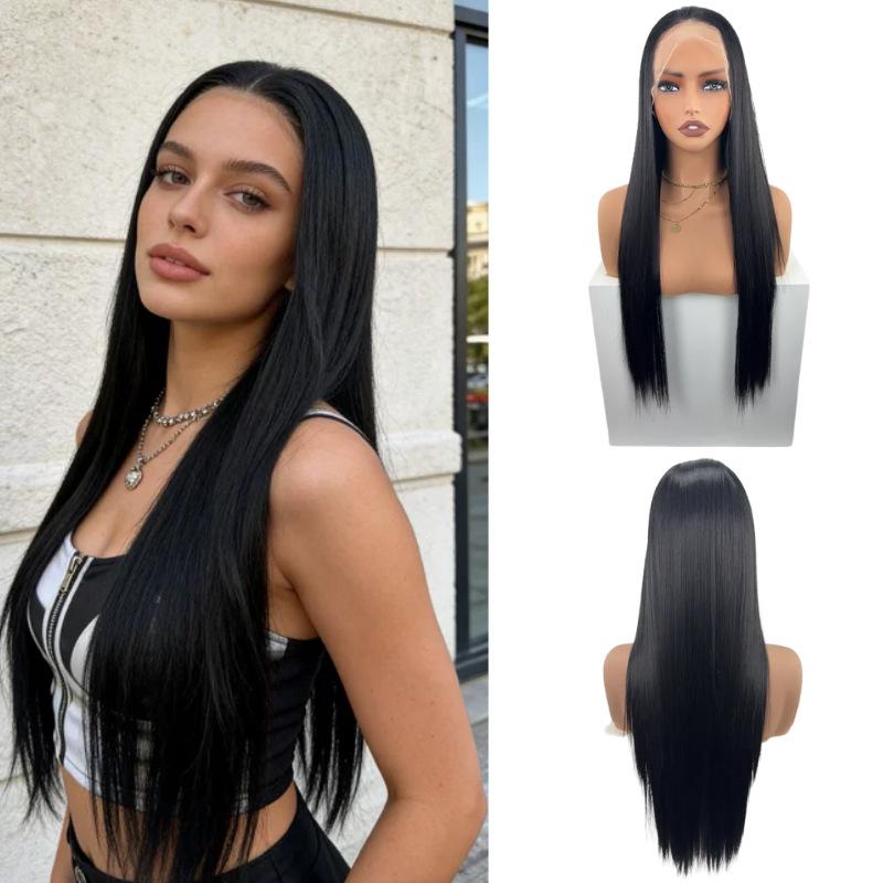 Front lace wig for women, long straight hair, no bangs, available in multiple colors, high-end and realistic