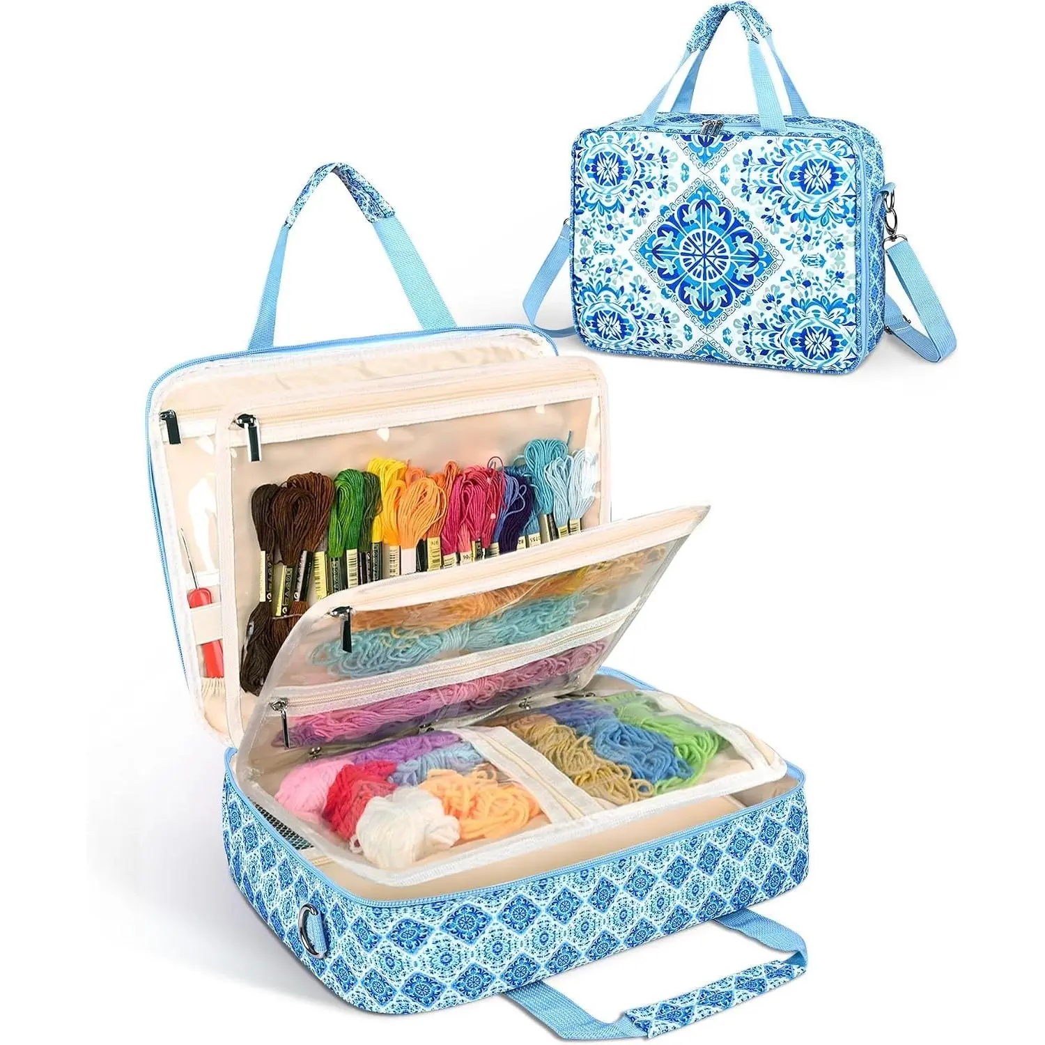 Sewing Supply Storage Bag with Removable Binder, Large Capacity Sewing Organizer Tote With Multi Pocket for Threads, Needles, Scissors, Craft Supplies(Blue Floral)