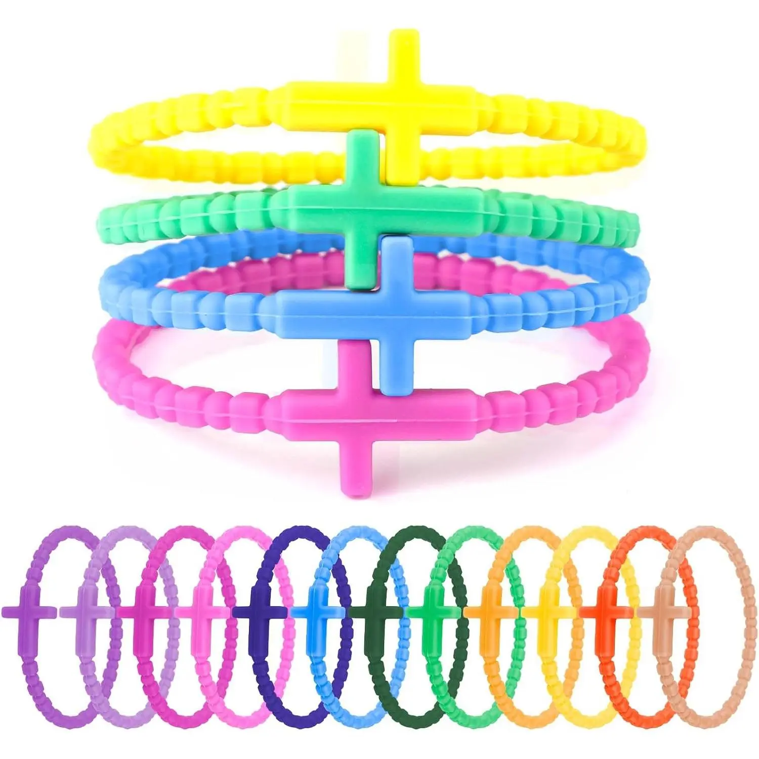 Christian Cross Bracelet in Synthetic Rubber, Unisex Fit Wristband with Adjustable Size, Buckle-Free Open End Strap for Daily Faith, Buckle-Free Band, Cross Shape