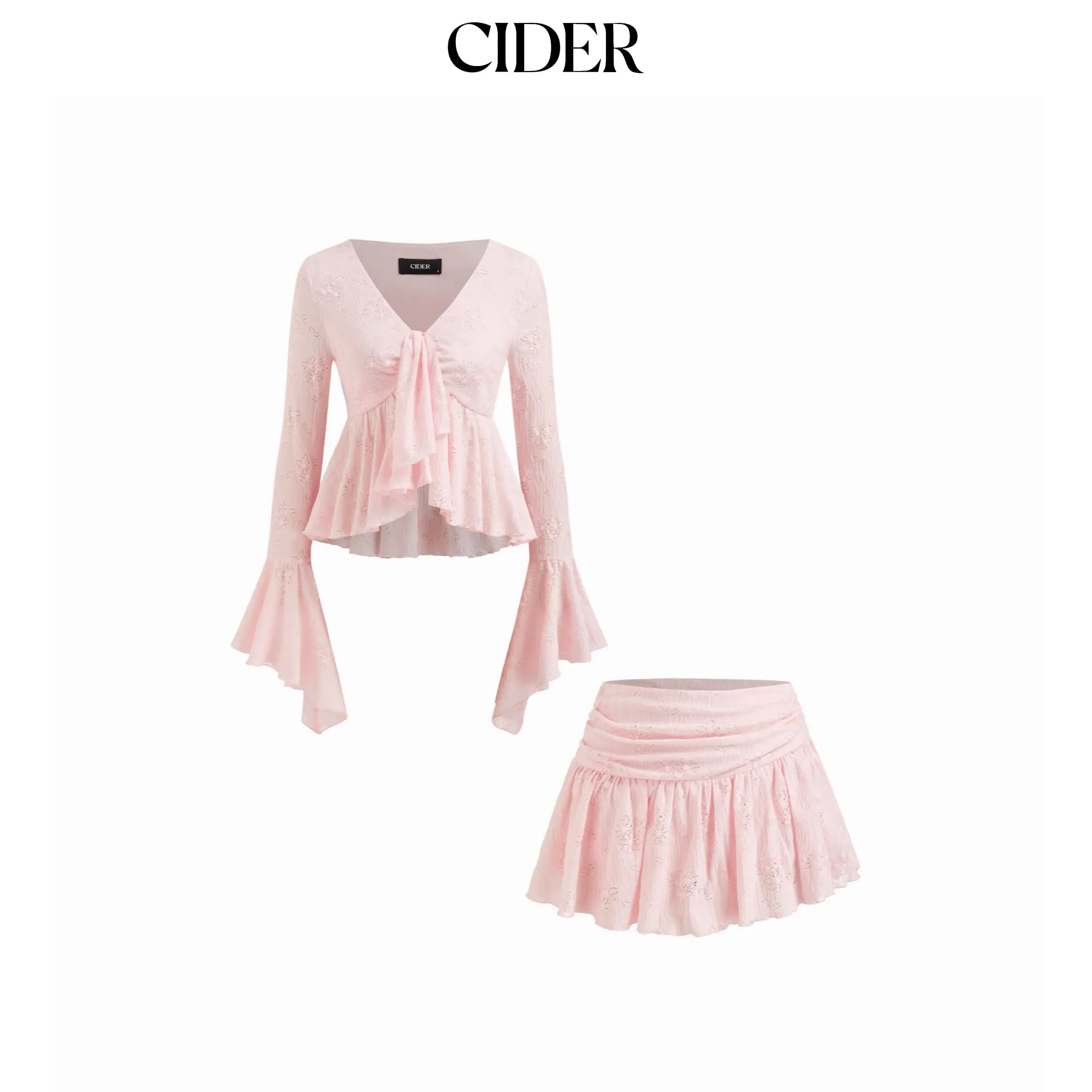 Cider Lace V-neck Pointelle Bell Sleeve Crop Top With Ruched Mini Skirt Set SohoChic Cider Lace V-neck Pointelle Bell Sleeve Crop Top With Ruched Mini Skirt Set SohoChic