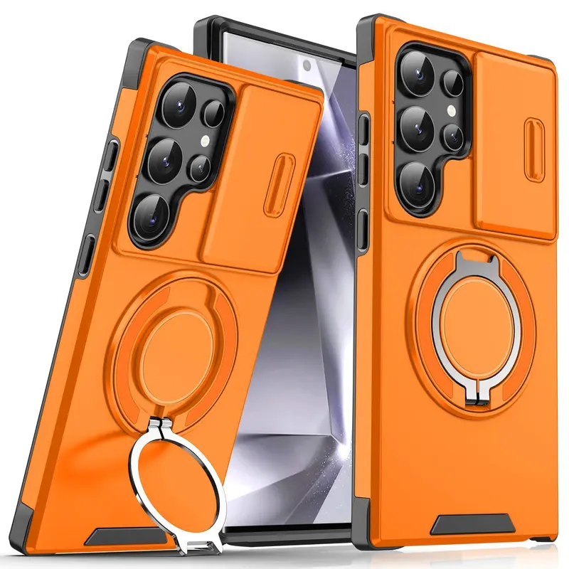 StarTU Magnetic Protective Cellphone Case for Samsung Galaxy S26-S25-S24-S23-S22-S21, Shockproof Rugged Casing Accessory with Slide Camera Lens Cover, 360° Rotating Ring Holder, Screen Protector