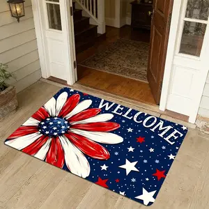 Flowers American Flag Pattern Welcome Entrance Mat, Independence Day Party Rug, Ideal for Living Room Kitchen Bedroom, Perfect Gift, Decorative Mat