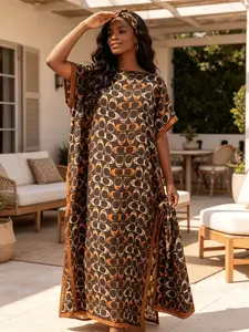 Retro Coffee Brown Base with Warm Orange Interlink Print Silky Satin Bohemian Kaftan 2 Piece Outfit with Coordinating Scarf, Oversized Plus Size Loungewear, Versatile Beach Swim Cover Up, Tropical Resort Formal Long Dress