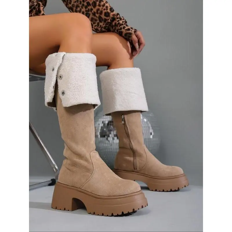 Women's Knee-High Wedge Boots, Adjustable Boot Mouth, Height-Boosting Fashion, Suitable for Daily Commuting, Comfortable Fit, Ruched Boot
