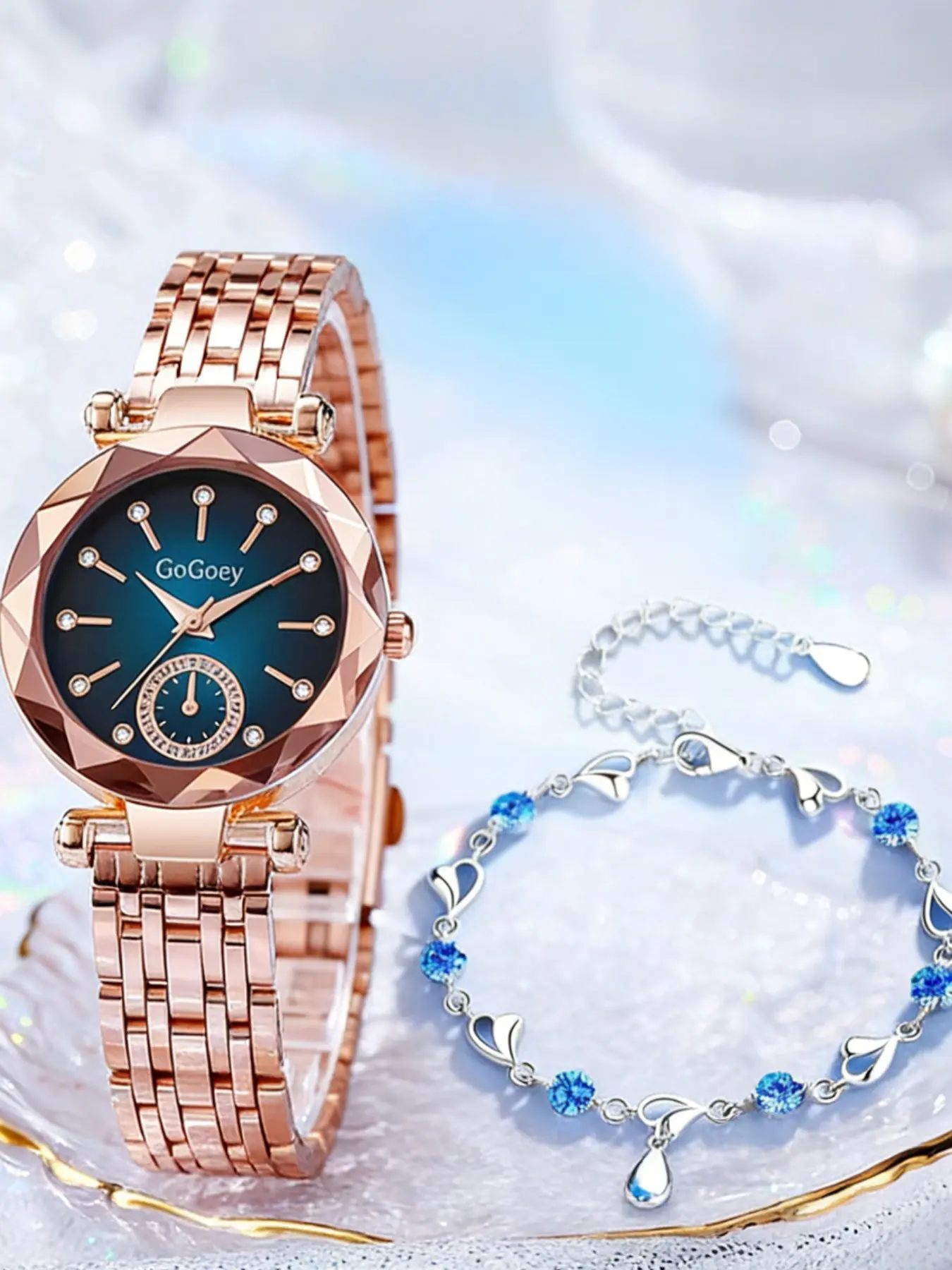 Ocean Heart Diamond Bracelet Set + Quartz Watch, Elegant Design, Perfect Gift for Girlfriend, Wife, Mother, Best Friend, Couple