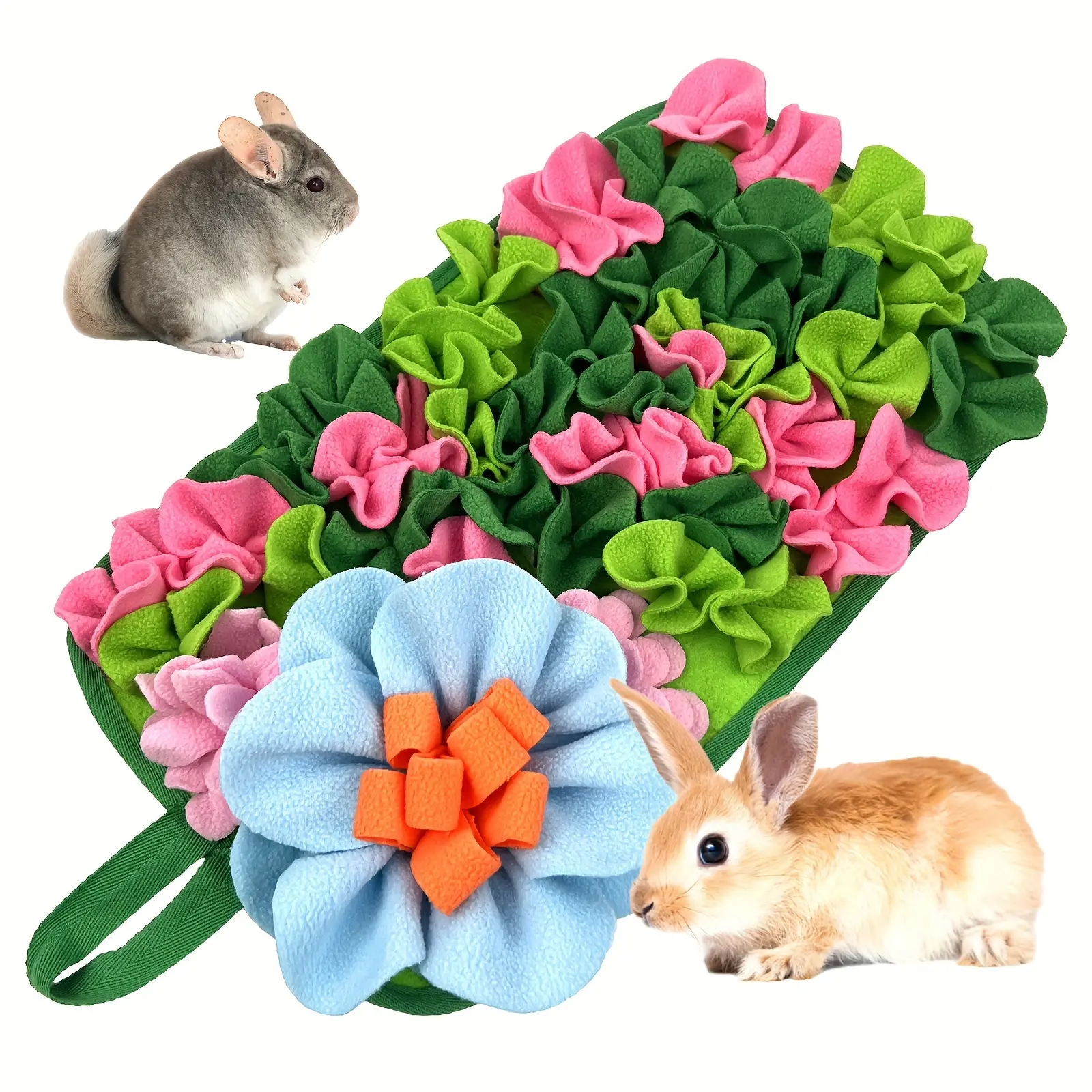Small Animal Foraging Mat for Rabbits & Hamsters, Interactive Snuffle Feeding Toy with Plush Strips and Flower Design, Enrichment Puzzle Mat to Stimulate Mental Activity and Reduce Boredom