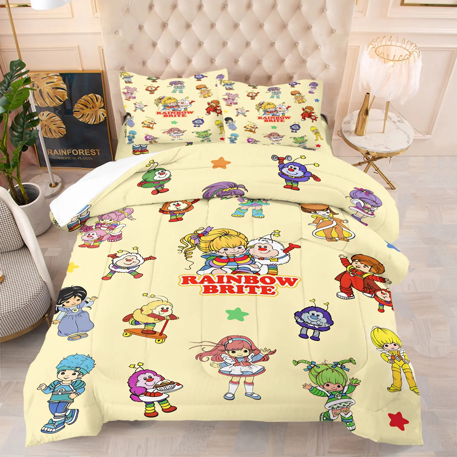 Cream Yellow Background Rainbow Brite Full Character Sprite Comforter Set, 1 Comforter + 1-2 Pillowcases, Durable Soft Comfy Washable Bed Set,  Cute All Seasons Vintage Cartoon Style, Girls Kids Bedroom Bedding