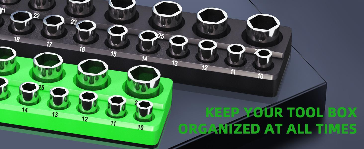 Magnetic Socket Organizer Holder Set For Tool Box Drawer, Toolbox Organization Including 1/4", 3/8" and 1/2" Drive Metric SAE Socket Trays (Sockets are not Included)