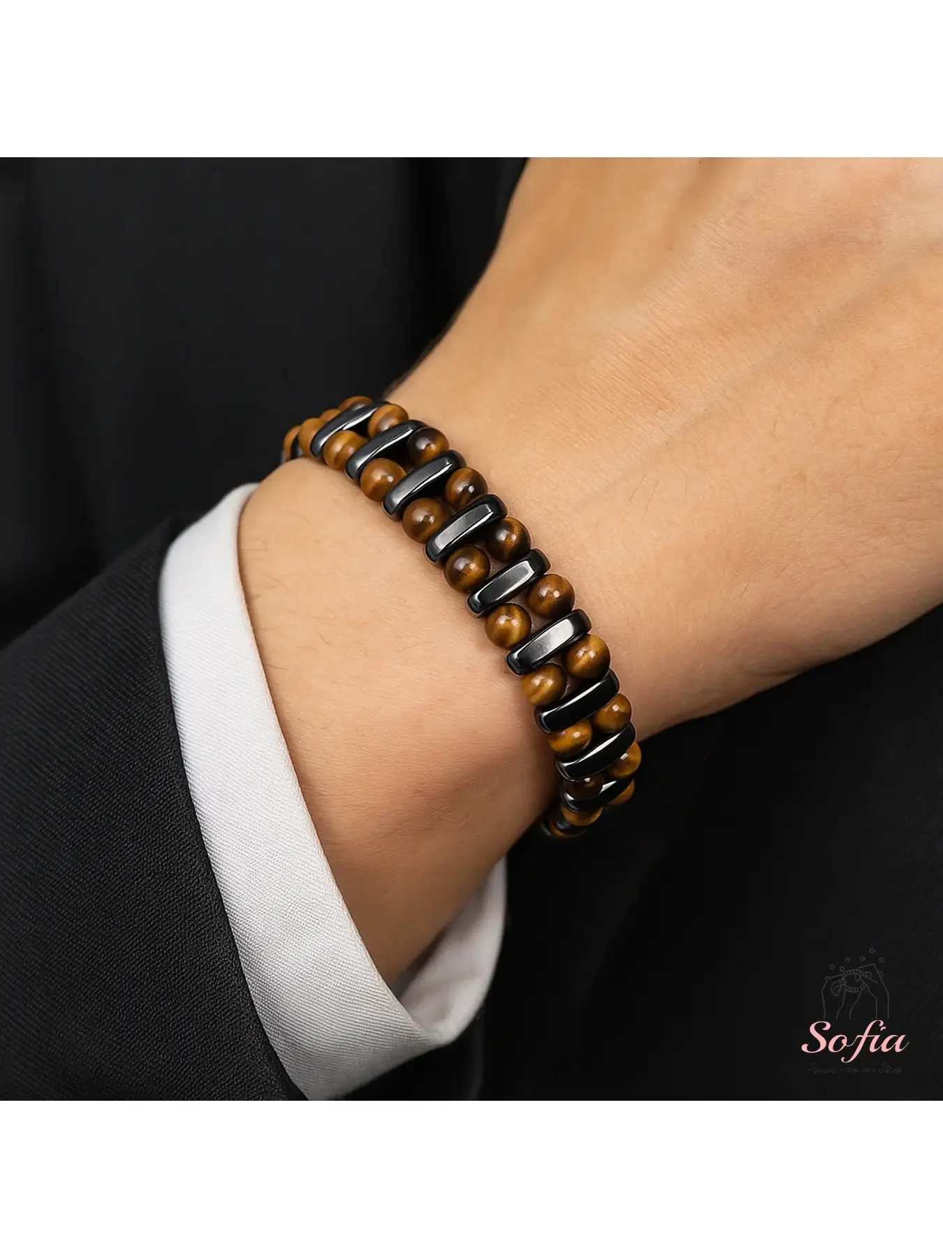 Sofia Protection Bracelet - Natural Tiger's Eye & Hematite Gemstone - Adjustable Size 7-8 Inches - Elegant Boho Style for Men - Beaded Bracelets