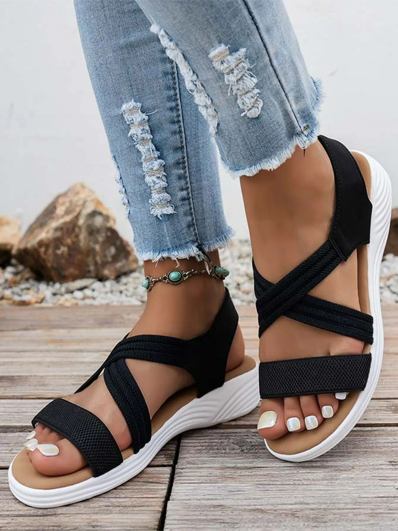 Comfortable Cross-Strap Sandals, Elastic Band Fit for All Foot Types, Wave Pattern Thick Sole for Shock Absorption, Ideal for Daily Wear