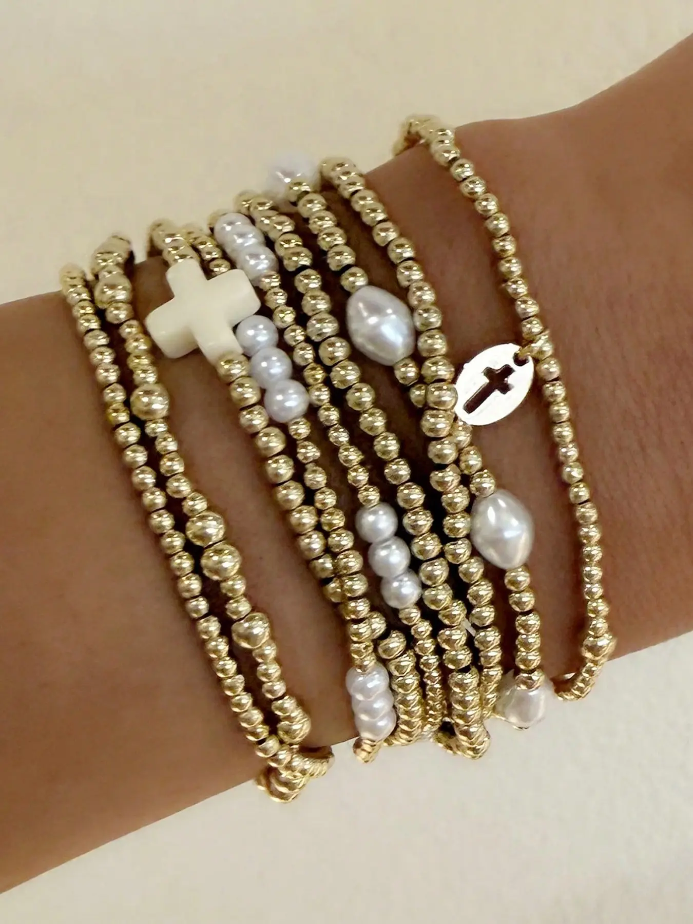 9-Piece Fashion Cross Pendant Artificial Pearl CCB Beaded Bracelets, Elastic Bracelet Set, Stacked Design Bracelets, Women's Layered Stacking Bracelets for Daily Wear