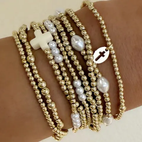 9-Piece Fashion Cross Pendant Artificial Pearl CCB Beaded Bracelets, Elastic Bracelet Set, Stacked Design Bracelets, Women's Layered Stacking Bracelets for Daily Wear