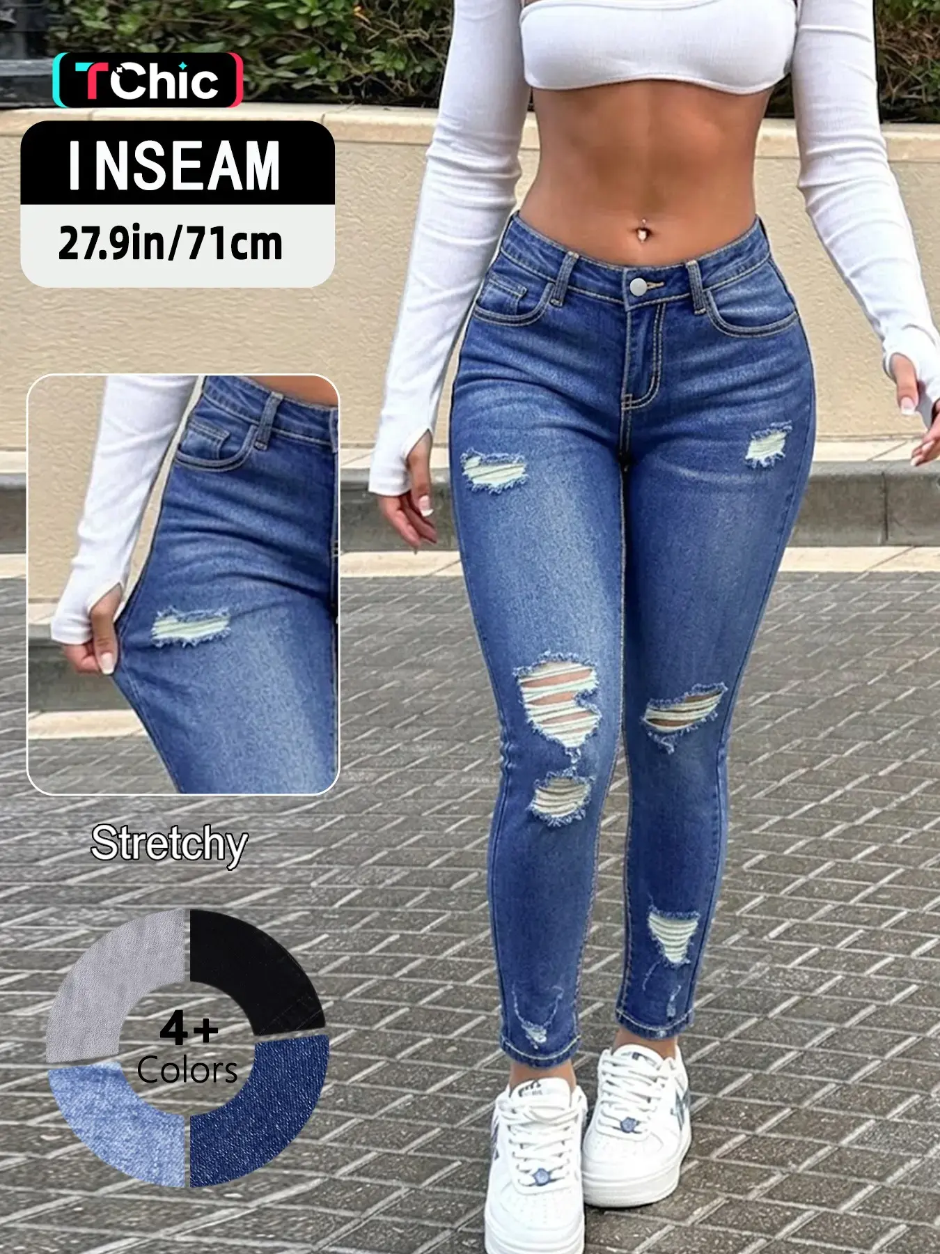 GILIPUR Women's Light Blue Washed Mid-Rise Distressed Ripped Skinny Jeans, Slim Fit High Stretch Ankle Length Denim Pants with Pockets, Casual Streetwear Summer Daily Beach Club Outfits for Women TChic