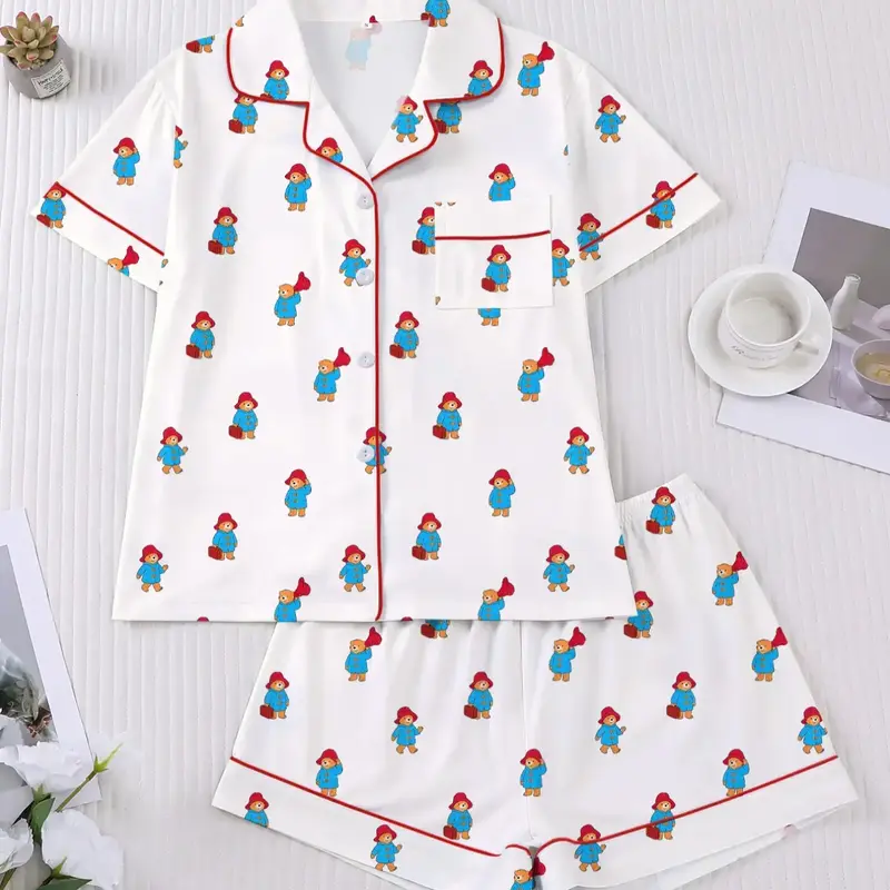 Women's Spring Summer Sleepwear Loungewear Pajamas Set, Bear Floral Print, Casual Fitted Shirt & Elastic Shorts, Valentine's Day Gift, Home Wear, Outfit, Shirt Shorts Pyjama #GLOBAL PICKS