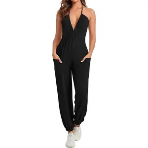 Cicy Bell Women's Sexy Halter Jumpsuits Casual Deep V Nevk Beach Jogger Long Pants Rompers