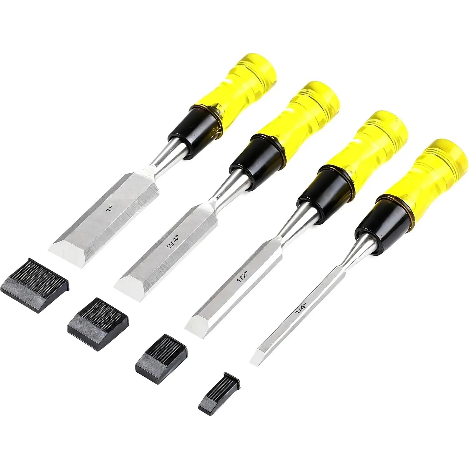 Chisel Sets,4- Woodworking Tools Set, CR-V Steel Beveled   with Safety Caps. Durable PVC High  Handle, for Precision Carving & DIY Projects (1/4", 1/2", 3/4", 1")