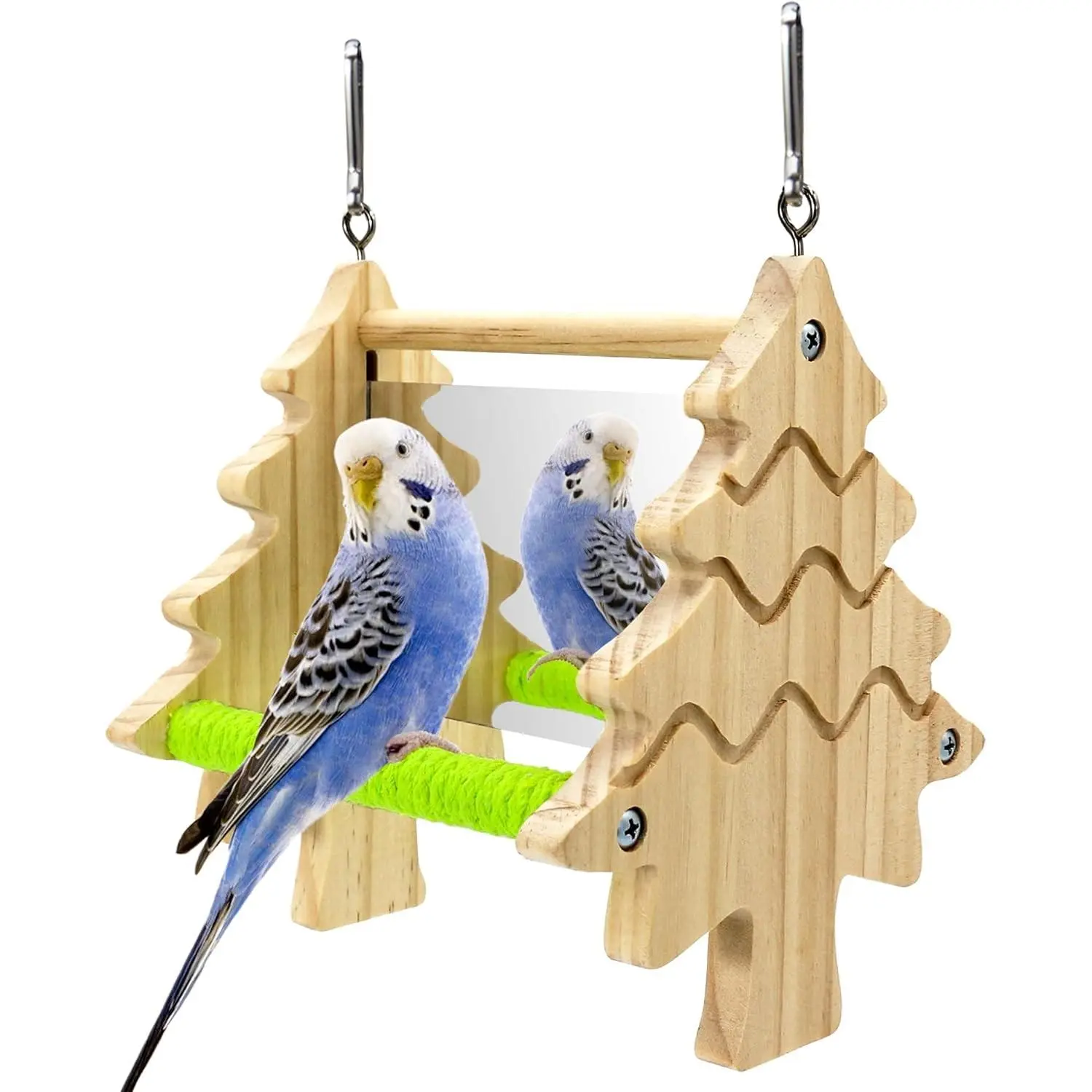 Bird Mirror Toy Perch, 2-Sided Hd Parakeet Mirrors & 2 Cotton-Wrapped Perches for Multiple Birds, Wooden Frame Hanging Parrot Swing for Cage, Safe No Sharp Edges Bird Toy for Budgie Lovebird Cockatiel