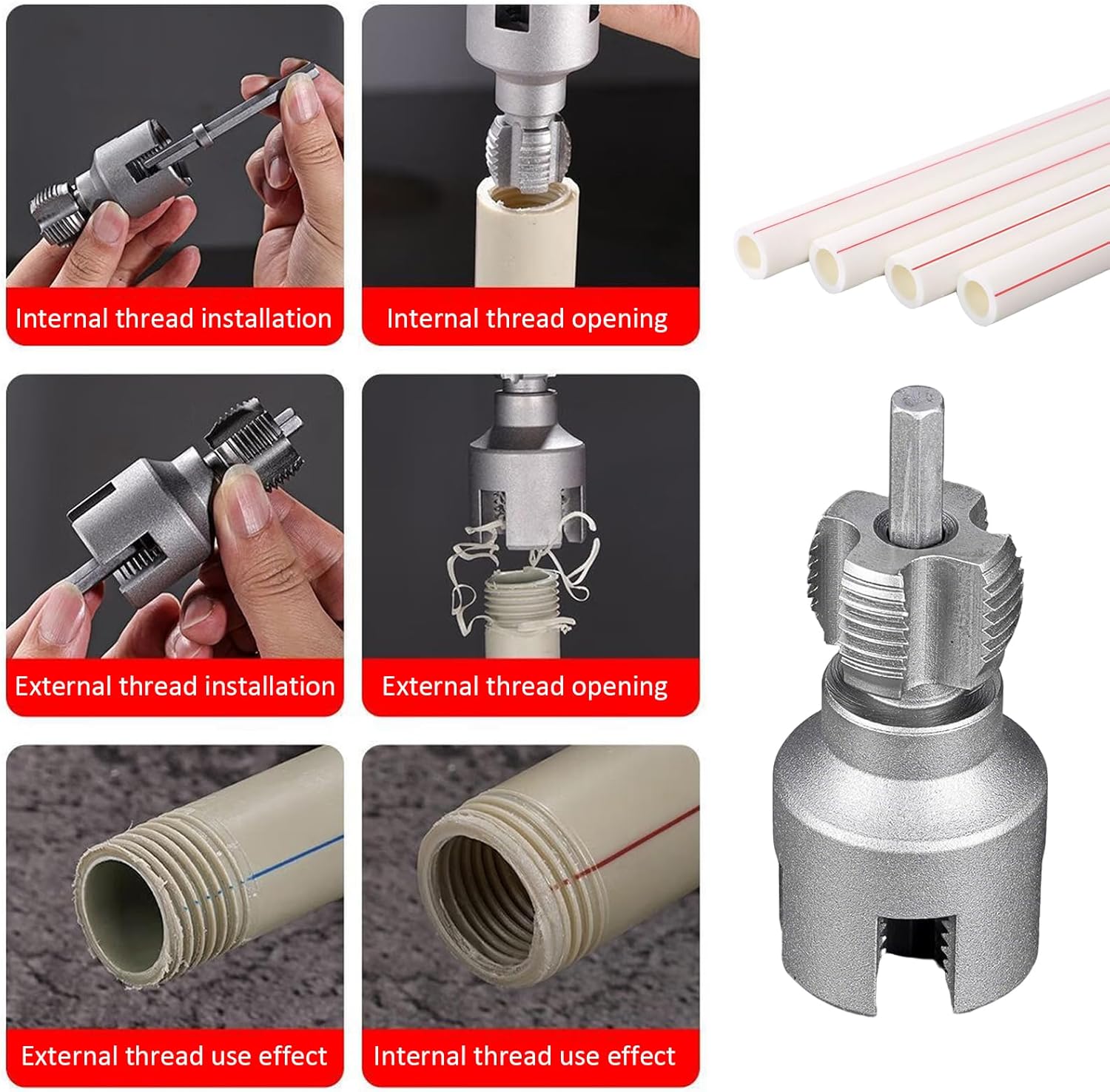 Integrated Internal & External Pipe Threading Tool, Pipe Thread Cutting Tool, Electric Drill Compatible PVC Pipe Threader Kit, 1/2" (DN15) 3/4" (DN20) Pipe Size (1/2" + 3/4")