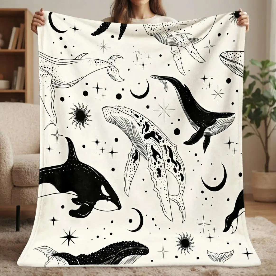 Minimalist Whale Print Flannel Throw Blanket For Adults And Kids, Ultra Soft Warm Printed Blanket For Couch Sofa Bed Cover, Cozy All-Season Lightweight Blanket For Outdoor Travel Home Decor Gift