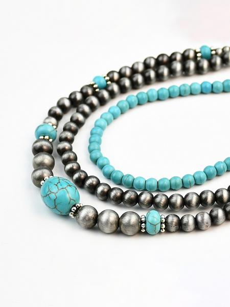 3pcs Vintage CCB Antique Lacquer Plated Beads Necklaces for Women, Synthetic Turquoise Jewelry Set, Elegant Western Style Modern Versatile Accessories