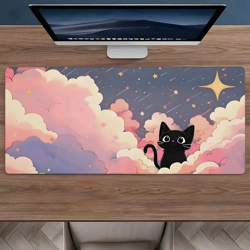 Cute Black Cat in Clouds Large Gaming Mouse Pad,Aesthetic Desktop Drotection Pad,Washable Rubber Pad Non-Slip Lock Edge Multi-Size Mouse Pad Suitable For Home Office,Gift for Family and Friends,Desktop Accessory,Aesthetic Office Supplies Extended