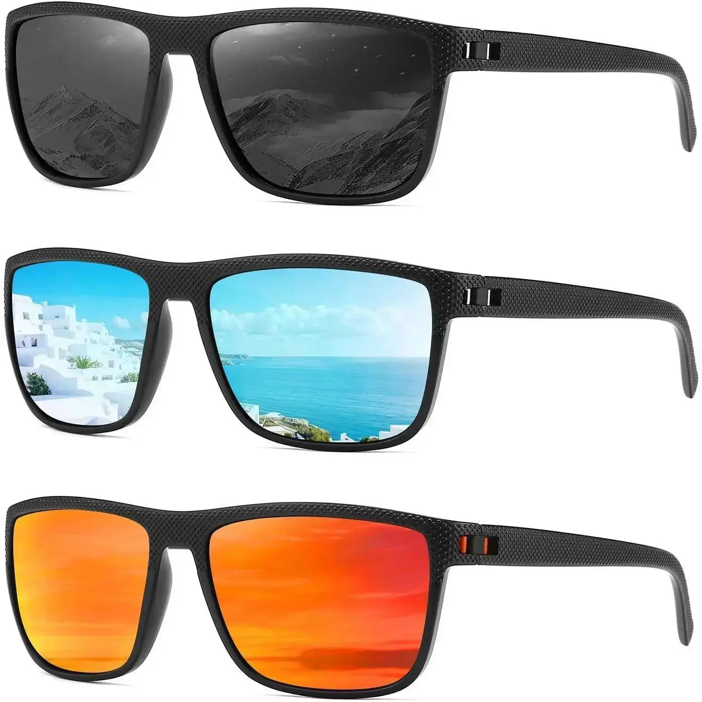 XUH Men's 3-Pack Nylon TR90 Square Sunglasses, Lightweight Polarised Lens for Driving & Outdoor Wear, UV Protected, Anti Uv Glasses, Men's Sunglasses, Male