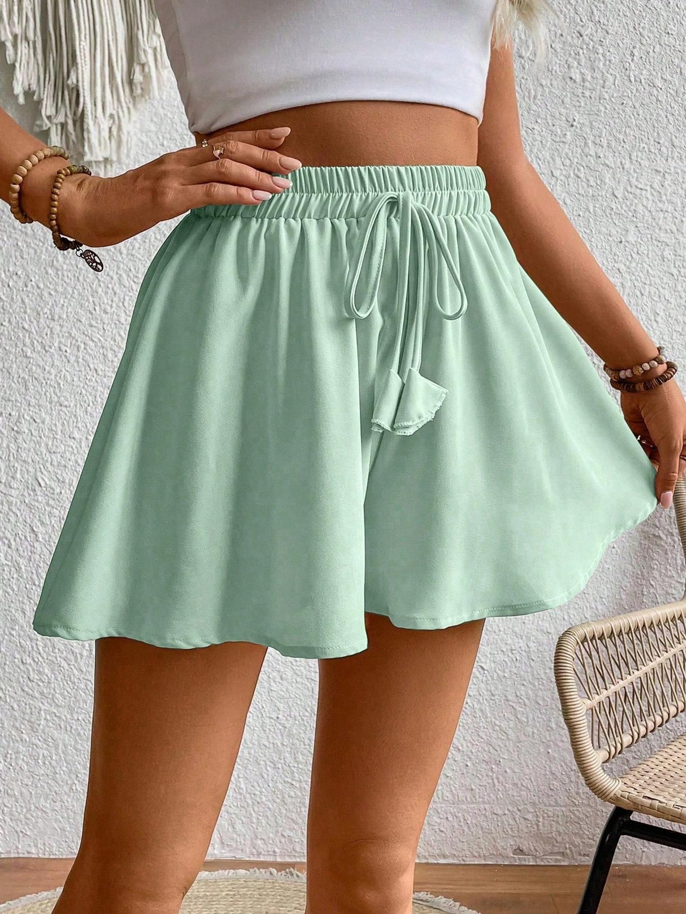 Women's Solid Color Tie Waist Shorts, Casual Comfy Wide Leg Shorts for Daily Wear, Ladies Bottoms for Summer