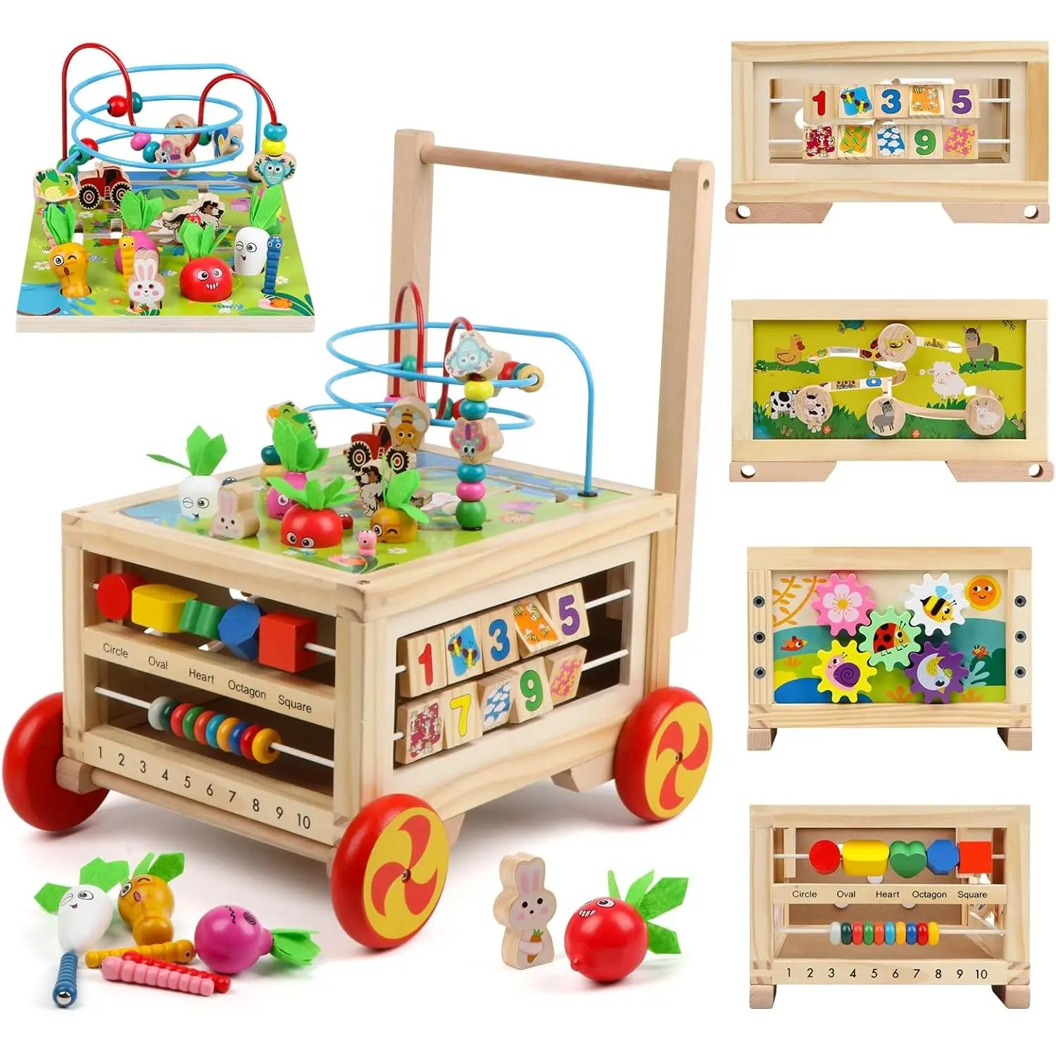 Wooden Activity Cube 7-in-1 Montessori Toy Multipurpose Educational Learning Toy for 1+ Year Old Baby Toddler Kid Boy First Birthday Gift Bead Maze Gear Number Animal Board Carrots Harvest Gamefidget toys