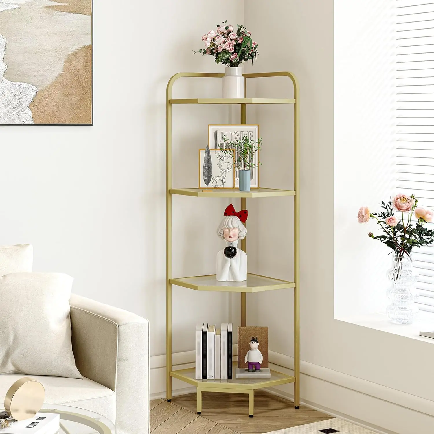 Corner Shelf Stand, 6-Tier Glass Bookshelf Bookcase,  Stand | Bathroom Organizer Steel Frame, Tempered Glass, Modern Style for Living Room, Bathroom, Kitchen,  CS90400G