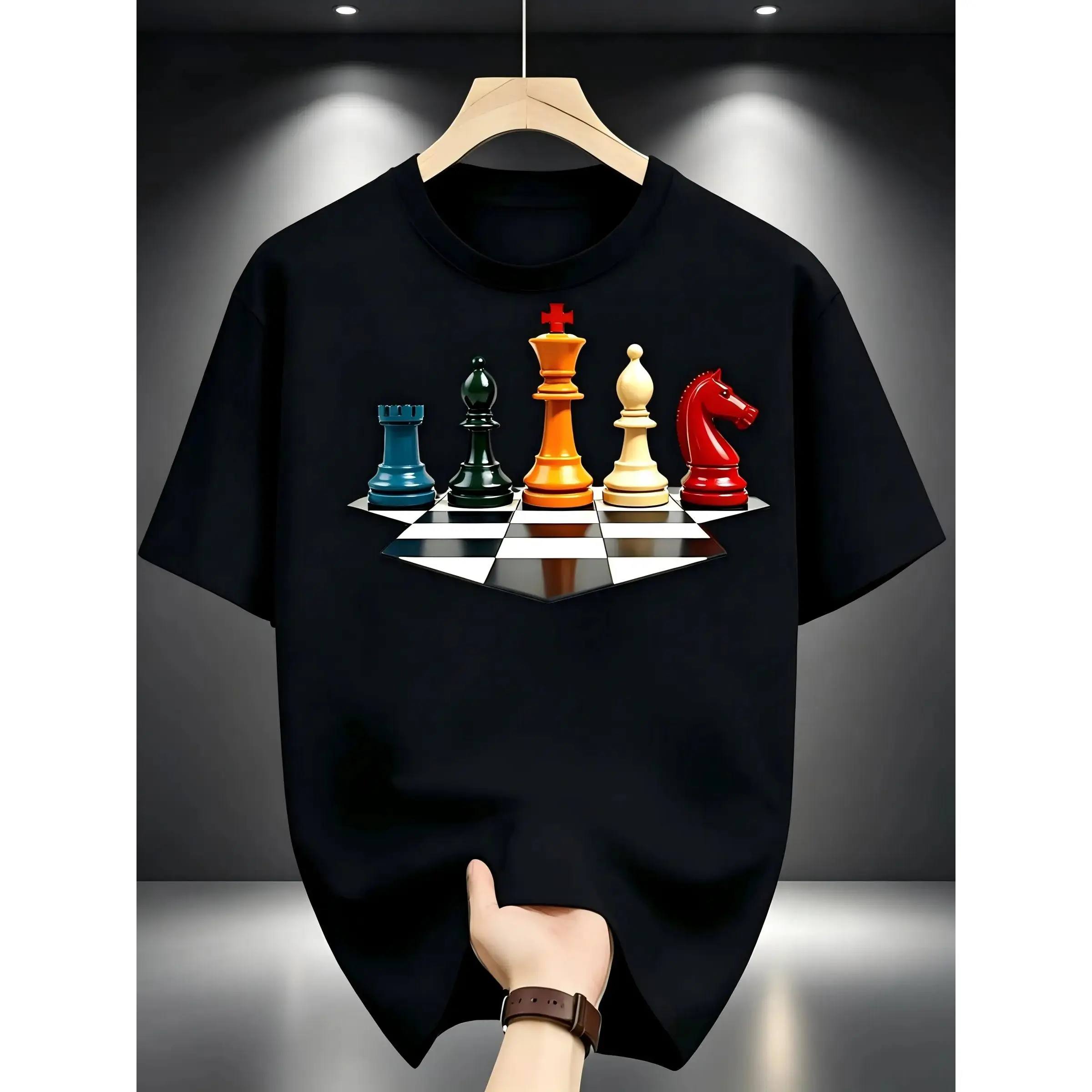 Men's Short-Sleeve T-Shirt with 3D Chess Piece Element Digital Print Graphic, Unisex Casual Cotton Tops, Loose-Fitting Fashion Apparel for Chess Lovers, Chess Piece Element Men's Short-Sleeve T-Shirts