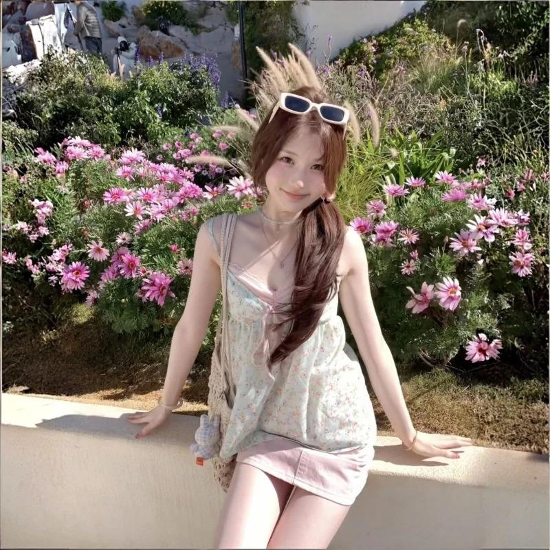 French Floral Fake Two Piece Lace Cami Top Women Summer Slim Fit Sweet Sexy Chic Camis Style Streetwear Fashion Outfit 2026 New