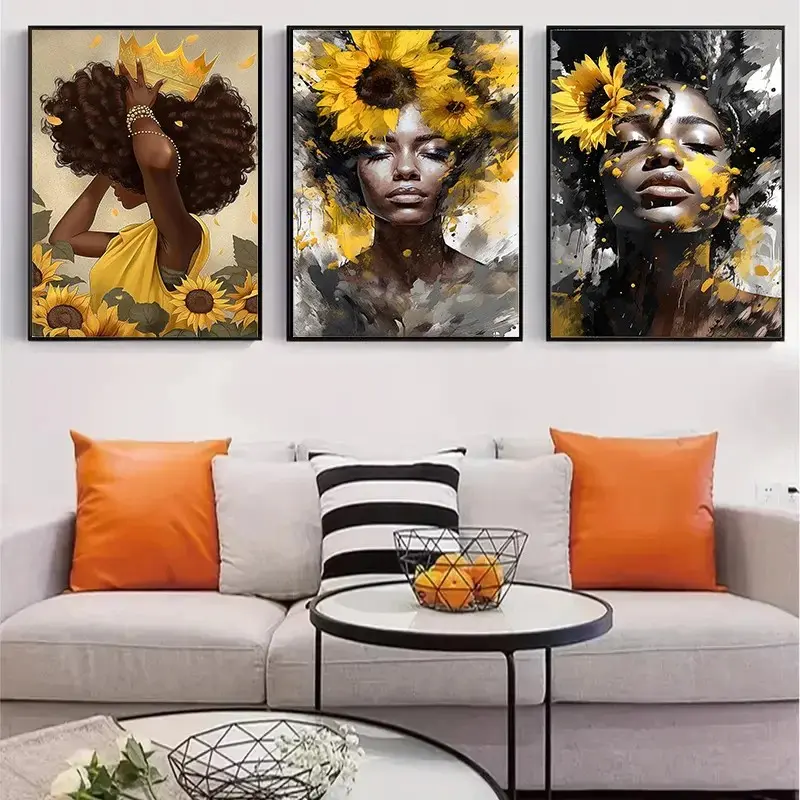 3pcs/set African Black Woman Canvas Painting Watercolour Yellow Sunflower Poster Graffiti Art Bedroom Gallery Frameless Wall Art