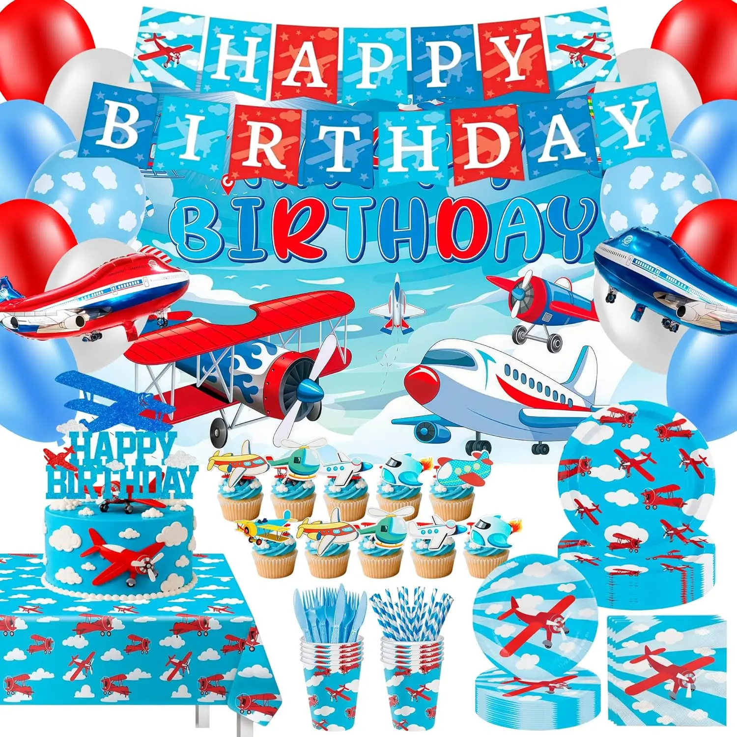 Airplane Birthday Party Decorations,Airplane Themed Party Supplies with Banner Balloons Backdrop and Foil Balloons Napkins Plates Cups Tablecloth for Airplane Flight Plane Themed Supplies,Serves 20