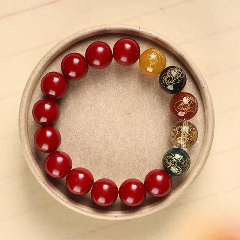 5-Paths Wealth God Cinnabar Bracelet - Natural Mercury Ore Beads, Crystal Accents, Luck Attraction, Birth Year Protection for Adults, Males, Daily Use, Birthday Gift (Fengshui Home Decor Ornament), Five Deities