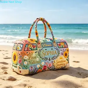 Summer Floral Bus Quilted Embroidery Tote Bag, Spacious Lightweight Durable Carryall Handbag, Multipurpose Shoulder Bag for Vacation Gym Shopping Travel & Daily Outdoor Use