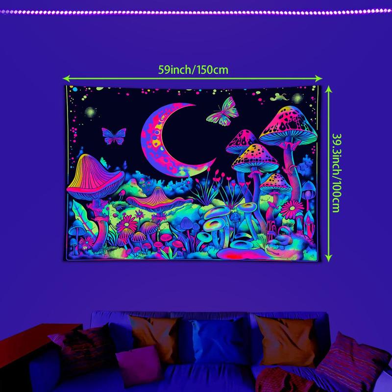 Mushroom & Moon & Butterfly Pattern Tapestry, 1 Count UV Reactive Fluorescent Durable Decorative Tapestry, Neon Light Effect Wall Hanging Blanket for Home, Multicolor Decoration Items, Home Goods, Tapestry Wall Mural Mushroom & Moon & Butterfly Pattern Tapestry, 1 Count UV Reactive Fluorescent Durable Decorative Tapestry, Neon Light Effect Wall Hanging Blanket for Home, Multicolor Decoration Items, Home Goods, Tapestry Wall Mural