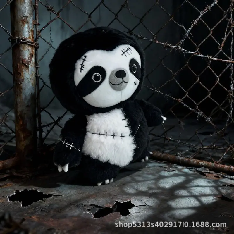 Gothic Stitched Sloth Plush Toy Creepy Cute Patchwork Sloth Stuffed Doll Black White Two-Tone Fur Cross Stitch Scar Embroidery Big Round Sparkle Eyes Gray Nose Soft Flannel Dark Aesthetic Hug Pillow Gift For Teens Goth Fans Halloween Bedroom Sofa Desk Cab