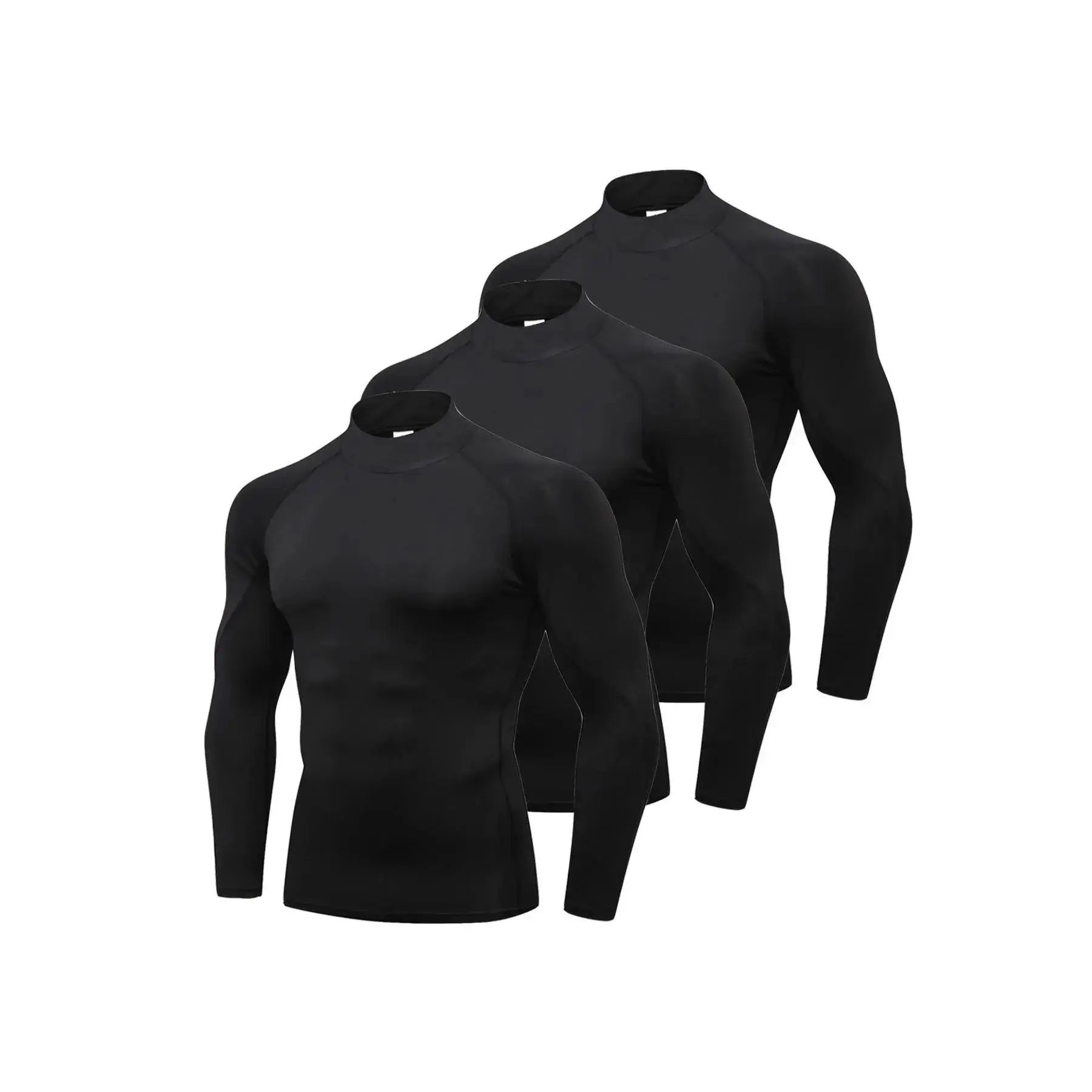 Men's 3pcs Solid Mock Neck Compression Shirt, Long Sleeve Turtleneck T-shirt for Basketball Football Running, Sporty Top for Spring & Fall, Gym Wear, Workout Activewear, Athletic Apparel